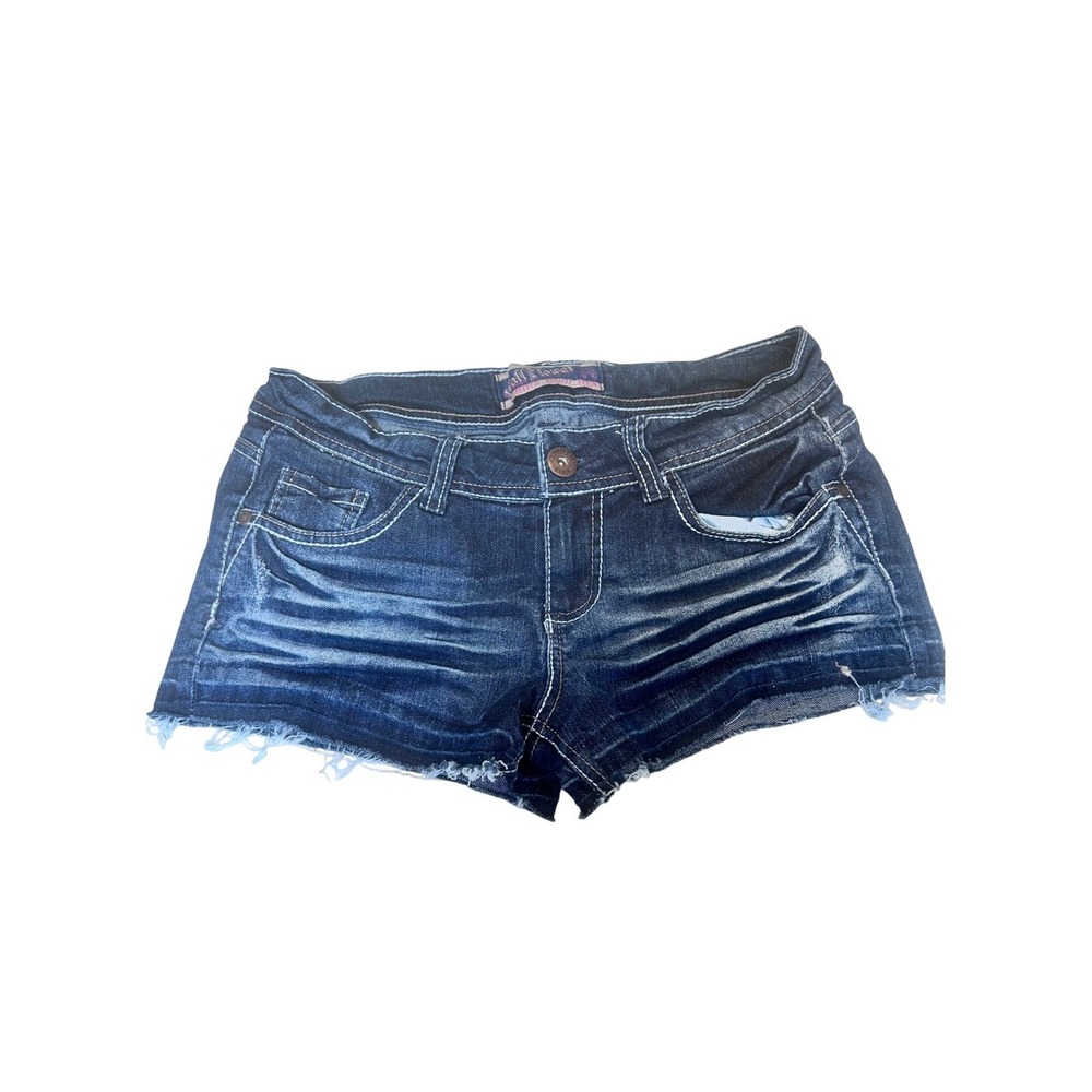WallFlower Womens Dark Wash Embroidered Back Pocket Denim Jean Shorts Size 7